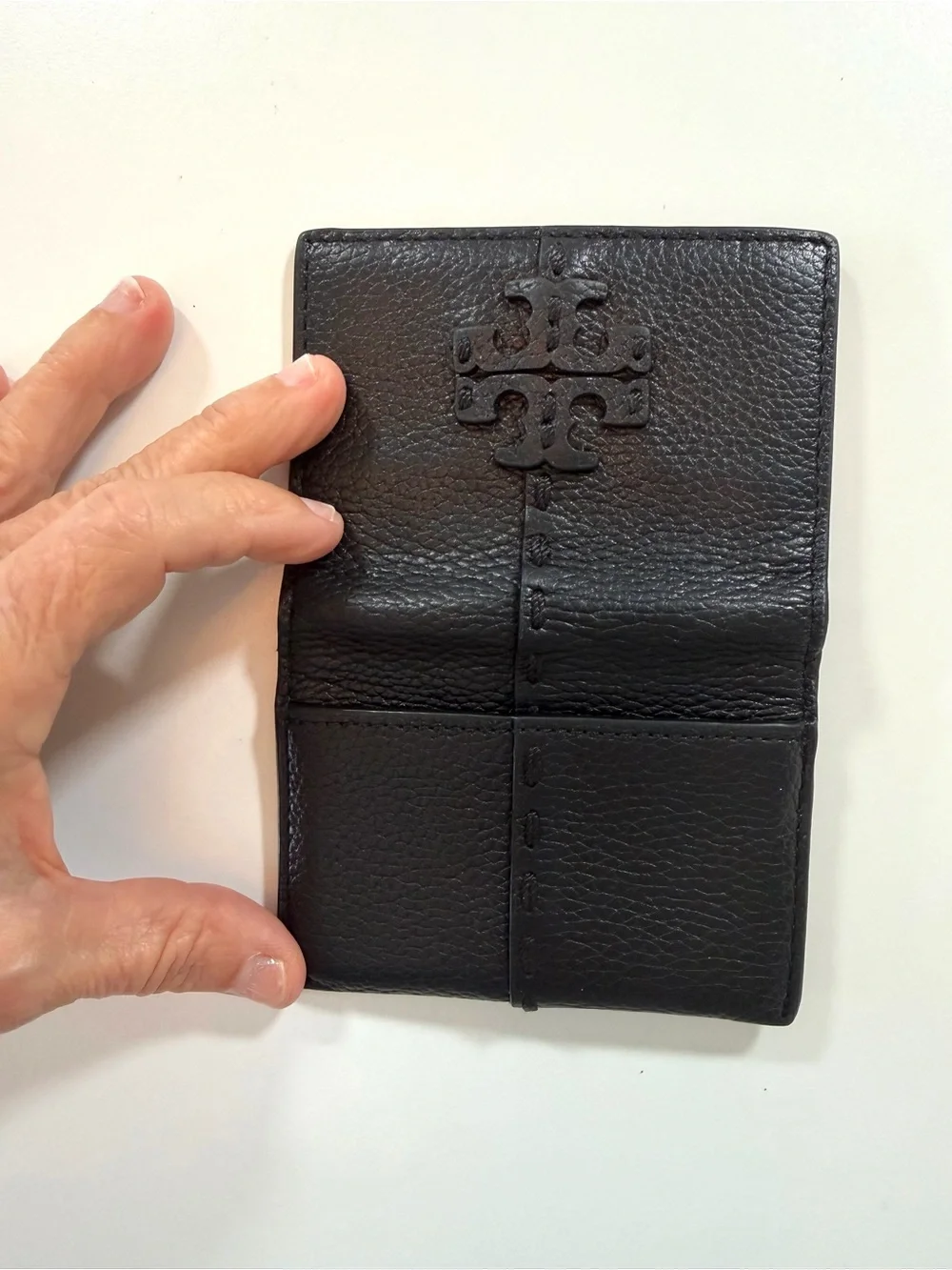 Tory Burch McGraw Bombe Black Pebbled Leather Compact Wallet